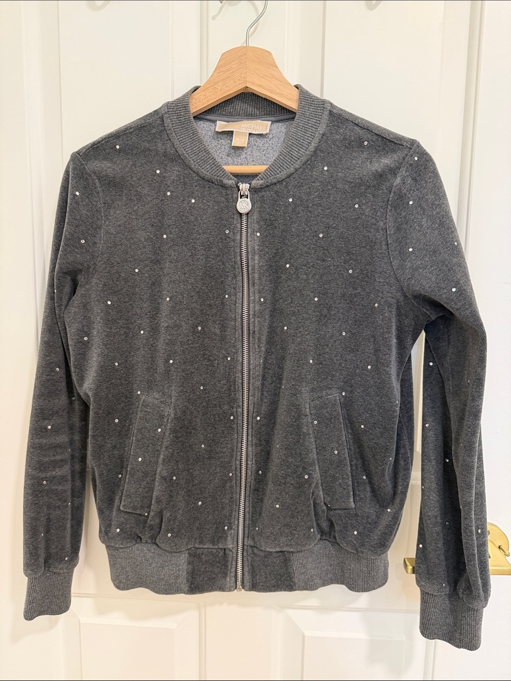 MICHAEL Michael Kors Charcoal Gray Zip-Up Bomber Jacket with Studs